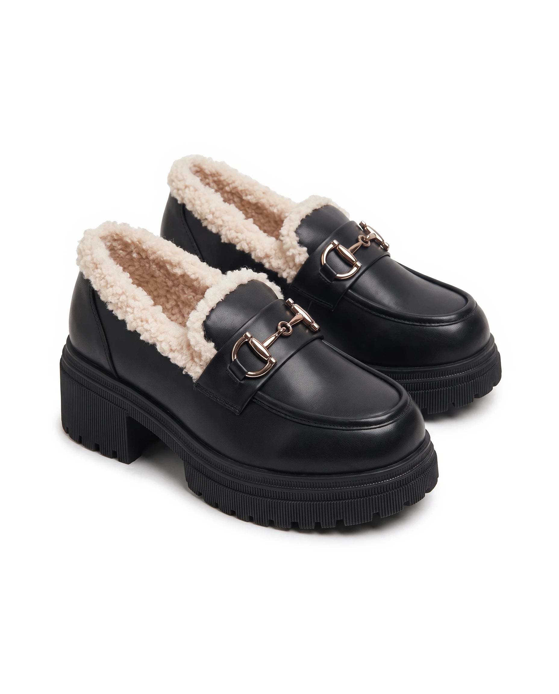 Women's Fleece-Lined Platform Loafers - Marcia - Black