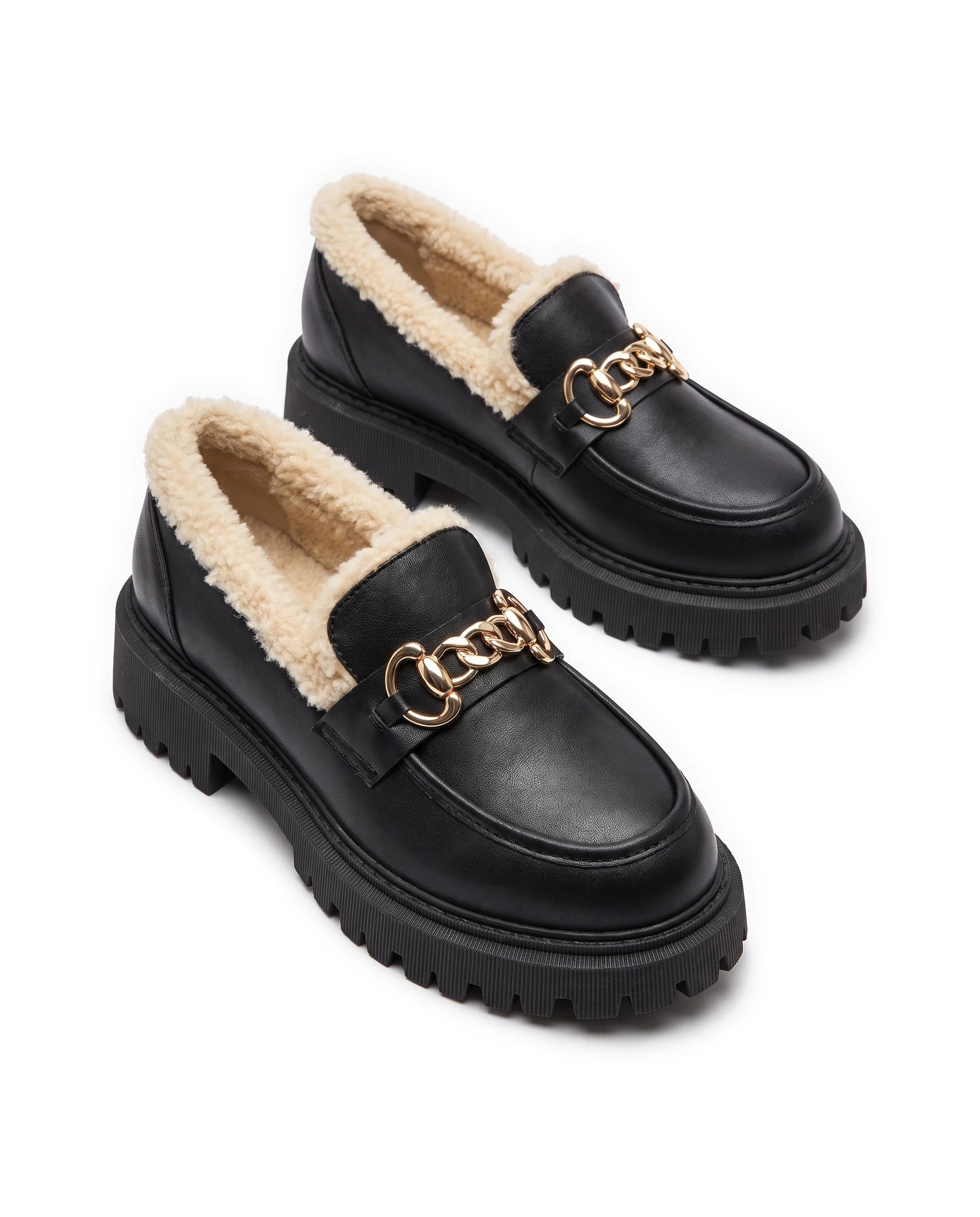 Women's Fleece-Lined Platform Loafers - Marcia - Black/Gold