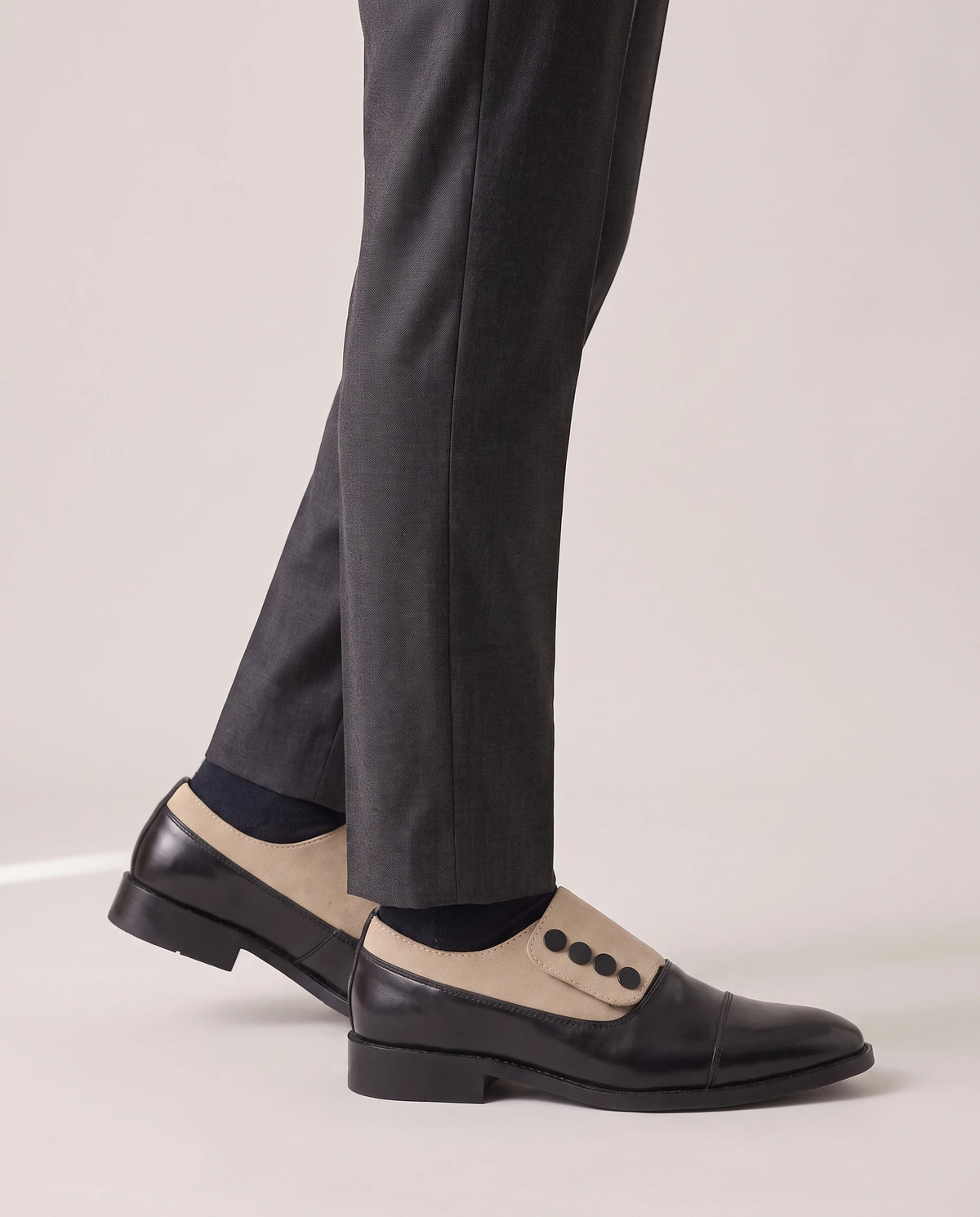 Men's Cap-Toe Button Panel Dress Shoes - Roderick - Model Side Detail