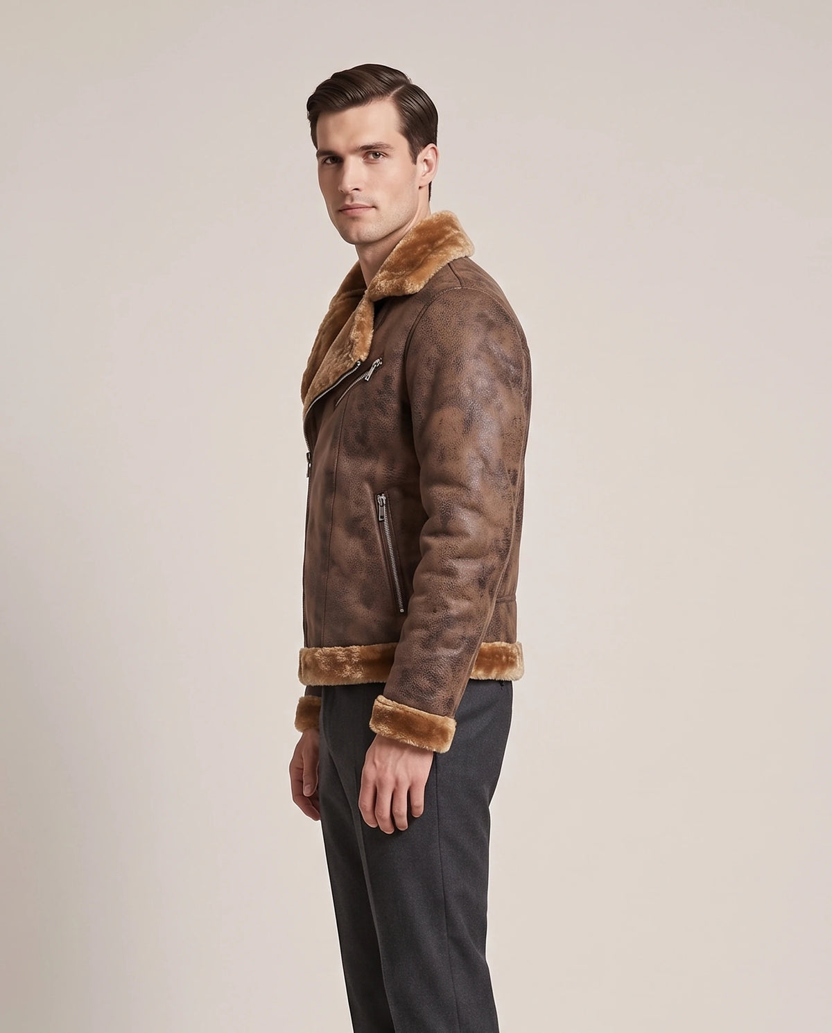 Men's Faux Shearling Biker Jacket - Julius - Model Side