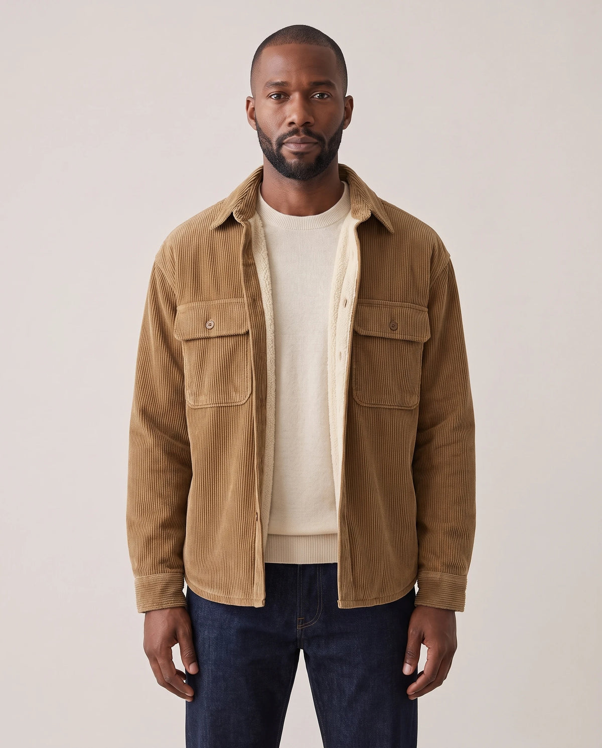 Men's Sherpa-Lined Corduroy Shirt Jacket - Clay - Model Front