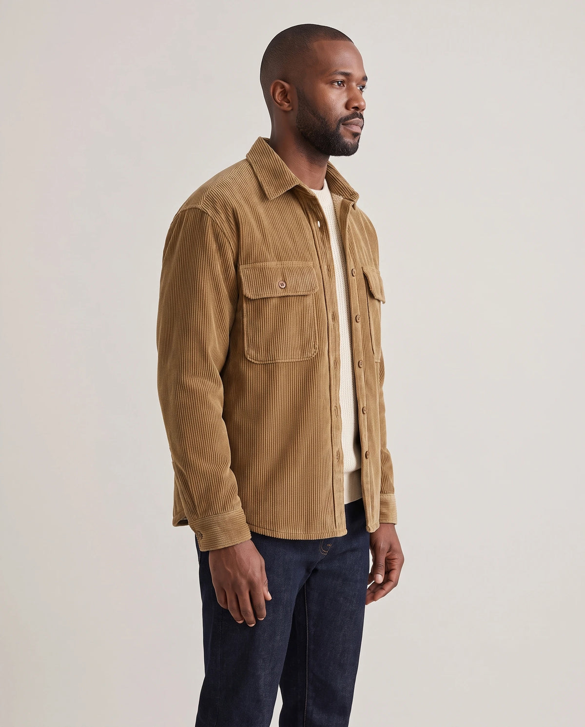 Men's Sherpa-Lined Corduroy Shirt Jacket - Clay - Model Side