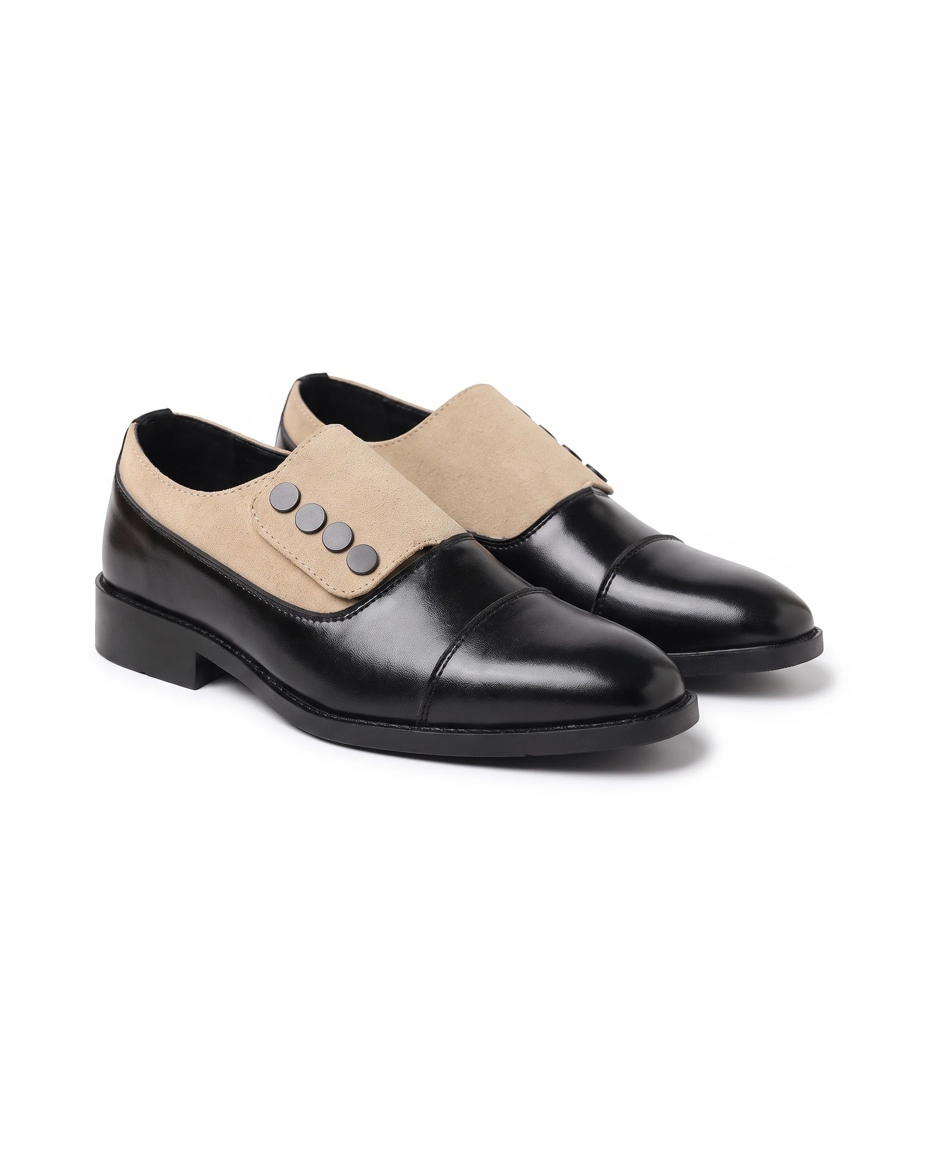 Men's Cap-Toe Button Panel Dress Shoes - Roderick - Black & Beige