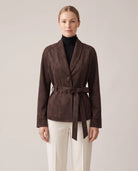 Women's Belted Faux Suede Wrap Jacket - Carmen - Model Front View