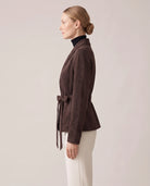 Women's Belted Faux Suede Wrap Jacket - Carmen - Model Side View