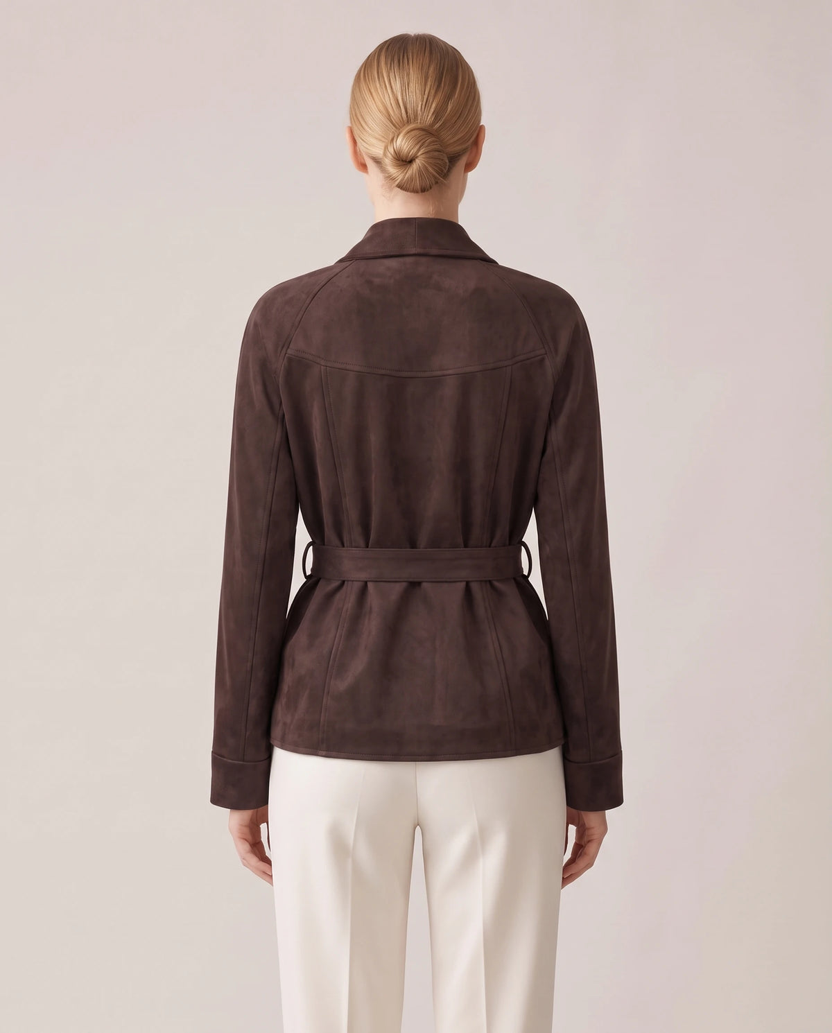 Women's Belted Faux Suede Wrap Jacket - Carmen - Model Back View