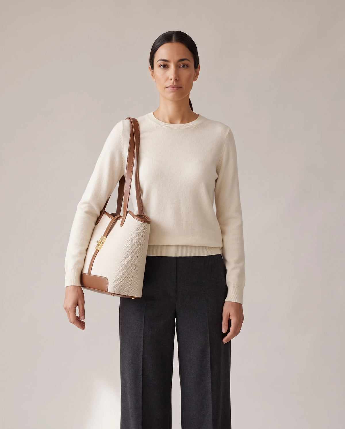 Women's Canvas Tote with Leather-Look Trim - St Tropez - Model Front