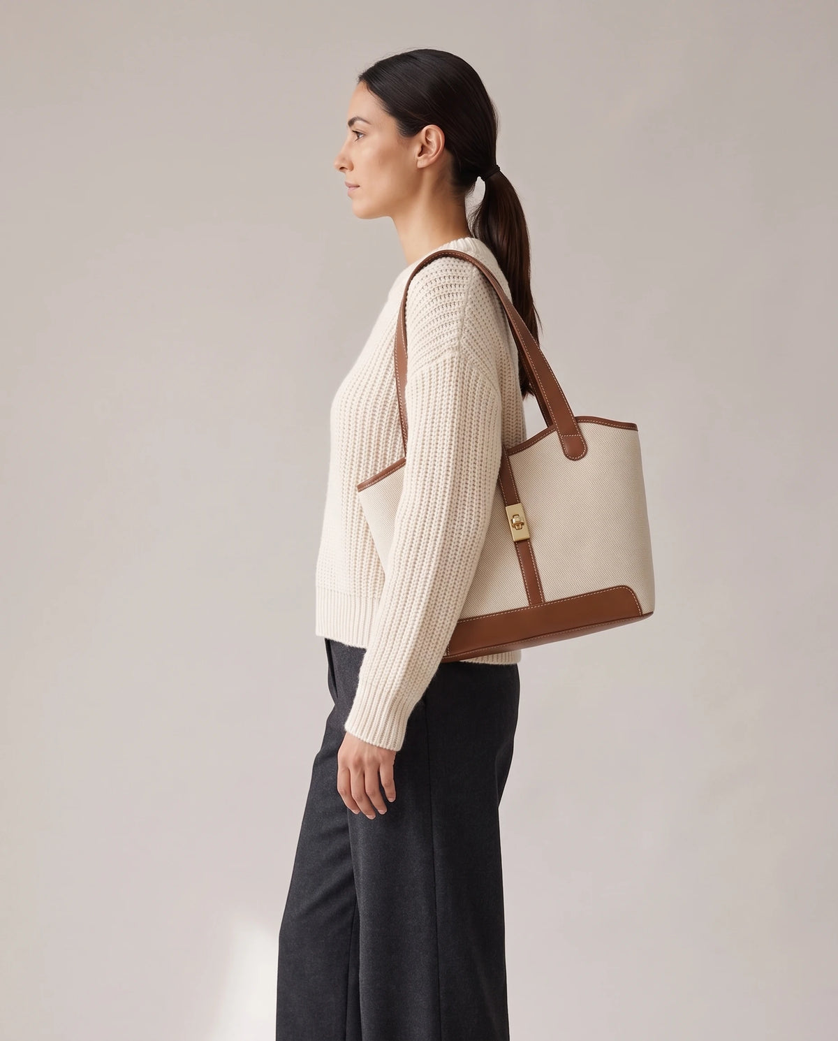 Women's Canvas Tote with Leather-Look Trim - St Tropez - Model Side