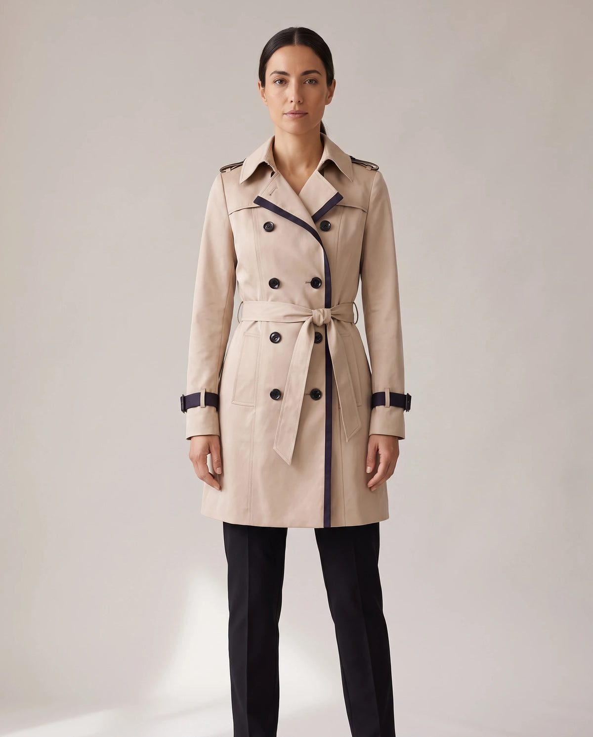 Women's Contrast-Trim Double-Breasted Trench Coat - Bridget - Model Front View