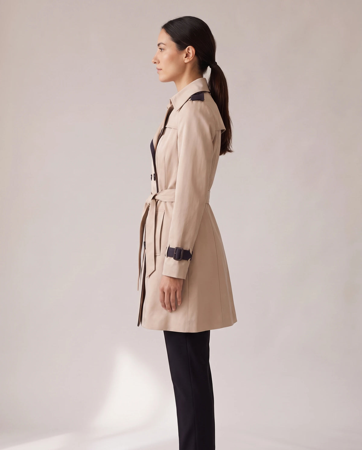 Women's Contrast-Trim Double-Breasted Trench Coat - Bridget - Model Side View