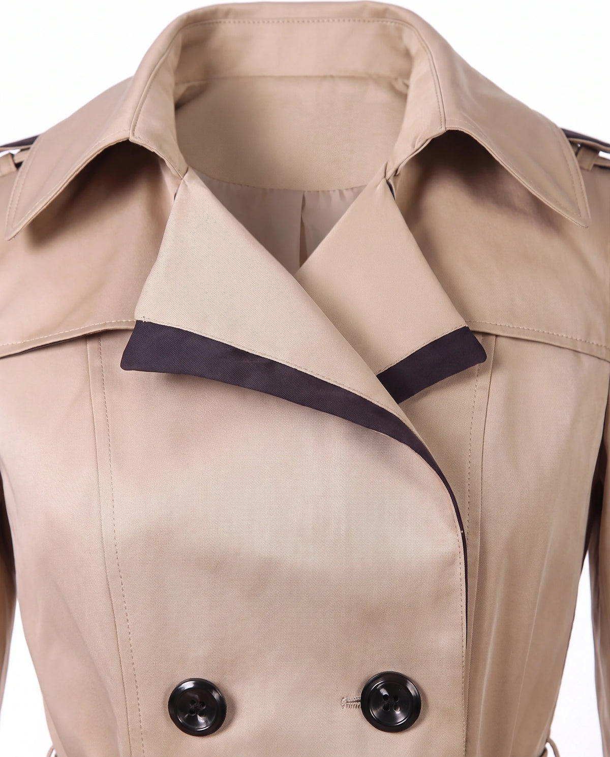 Women's Contrast-Trim Double-Breasted Trench Coat - Bridget - Detail Contrast Lapel