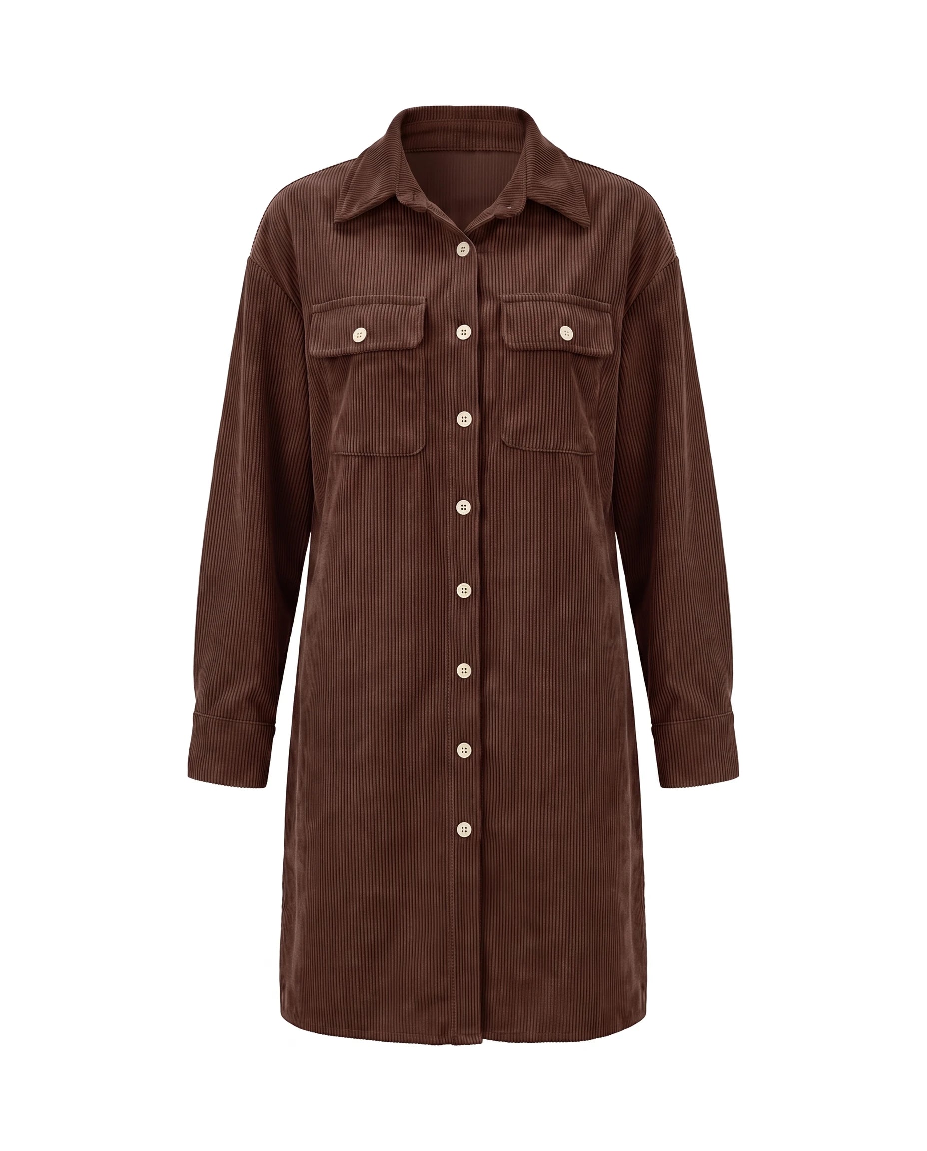 Women's Corduroy Button-Up Shirt Dress - Rhodanthe - Dark Brown