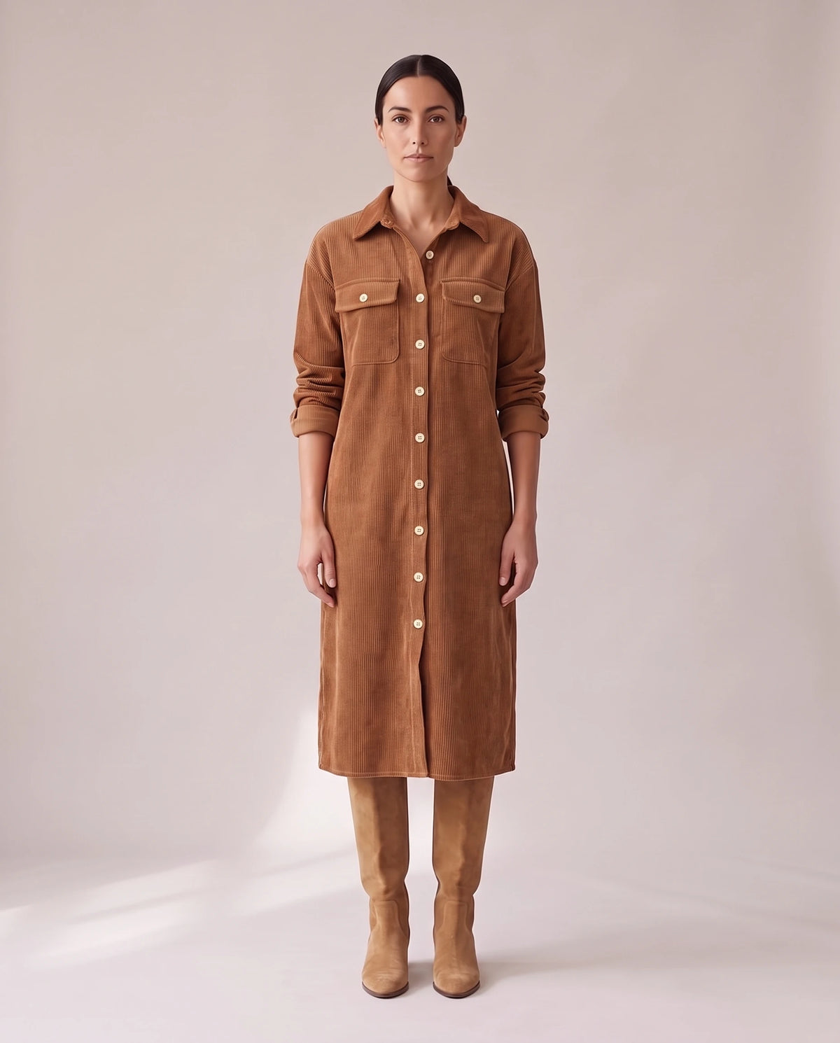 Women's Corduroy Button-Up Shirt Dress - Rhodanthe - Model Front
