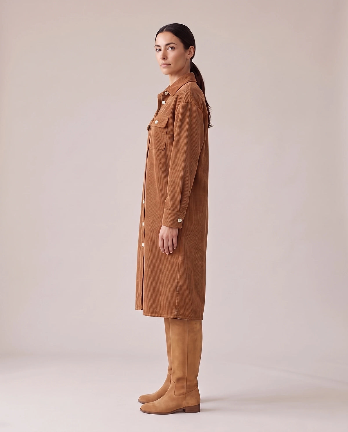 Women's Corduroy Button-Up Shirt Dress - Rhodanthe - Model Side