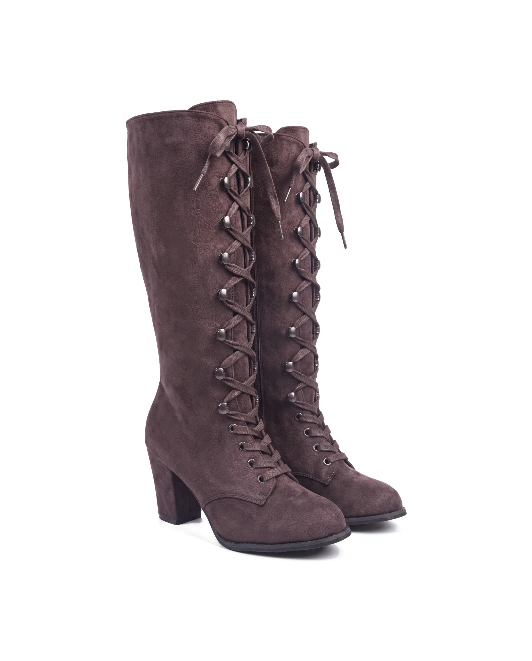 Women's Faux Suede Lace-Up Knee-High Boots - Kalypso - Brown