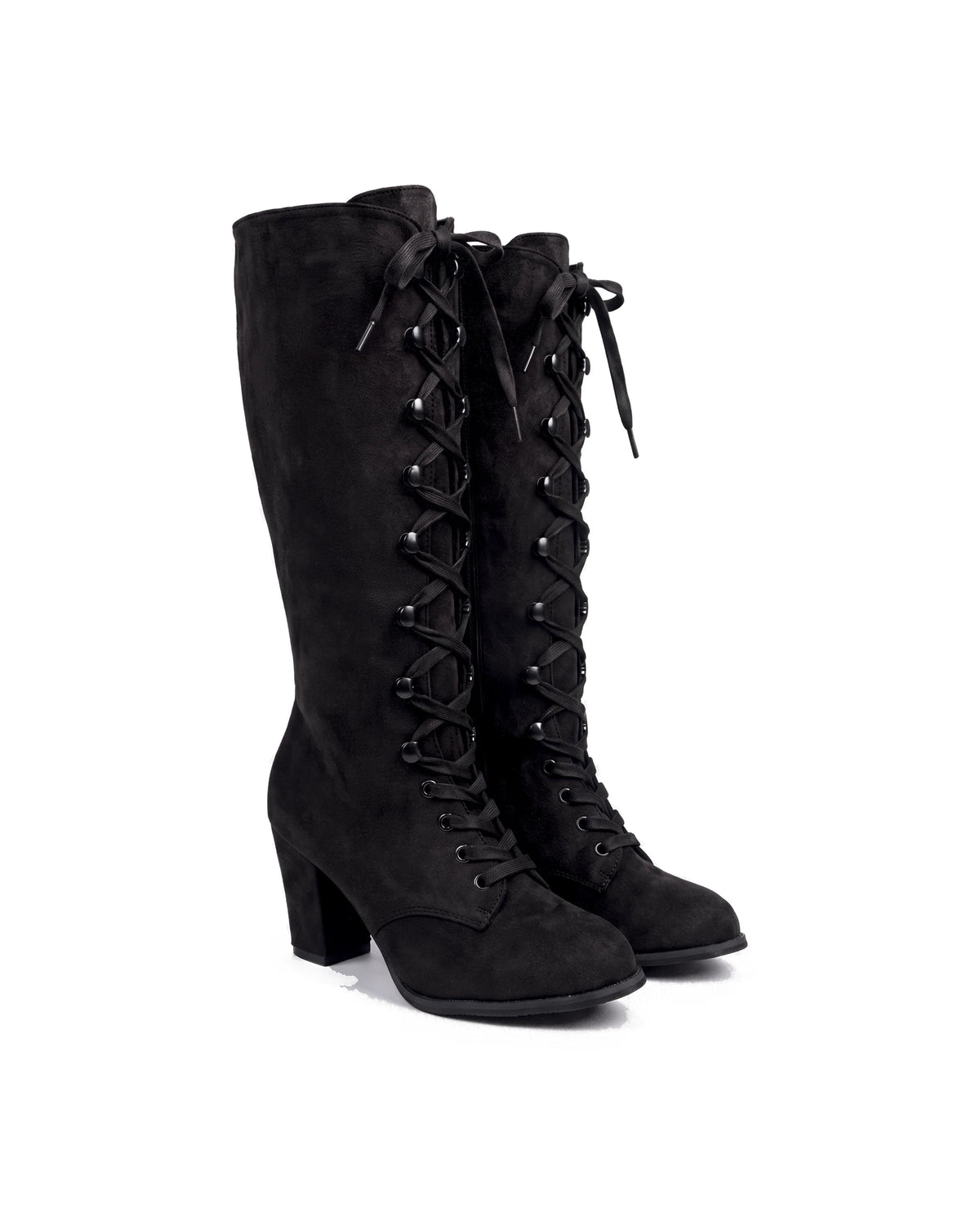 Women's Faux Suede Lace-Up Knee-High Boots - Kalypso - Black