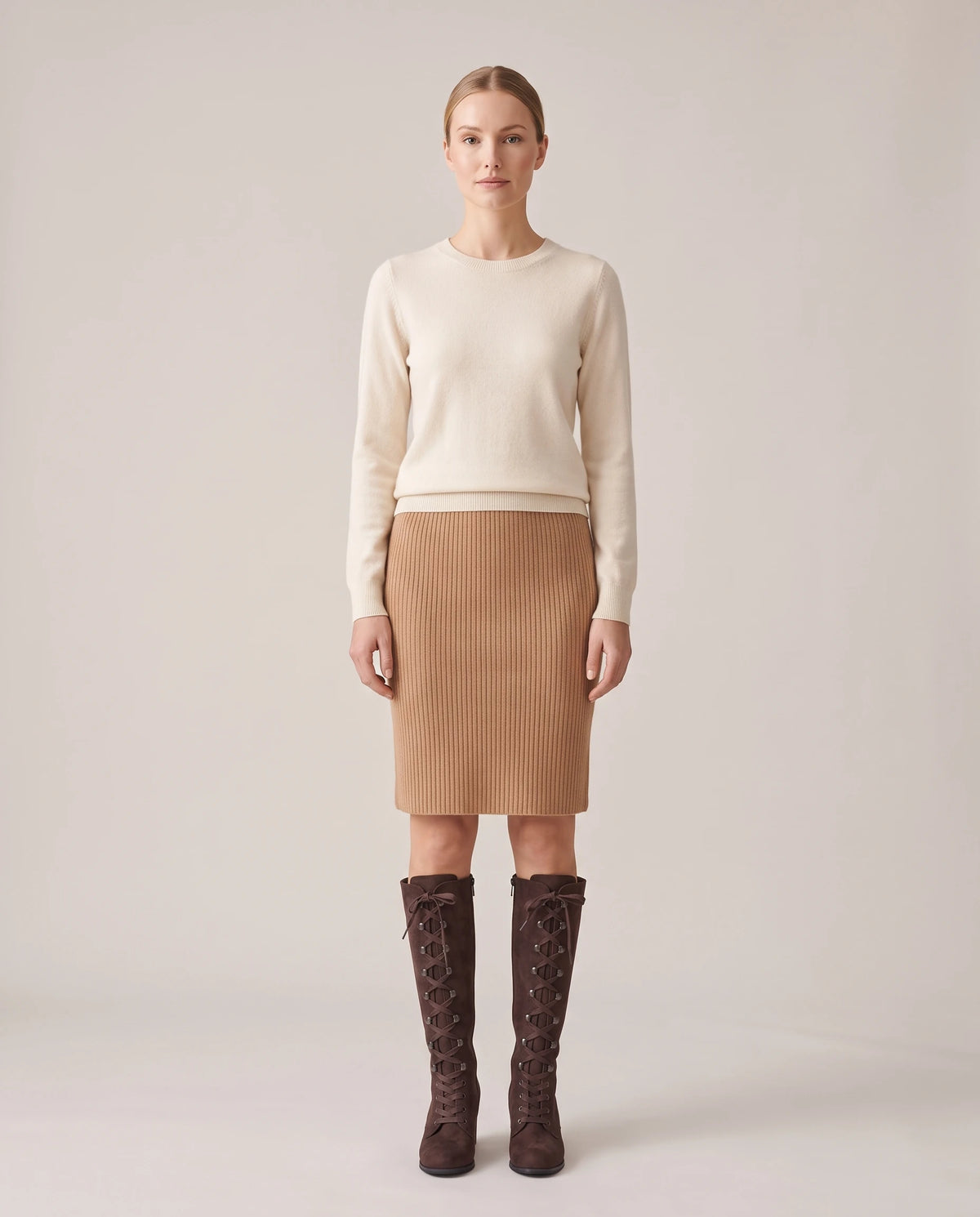 Women's Faux Suede Lace-Up Knee-High Boots - Kalypso - Model Full Look