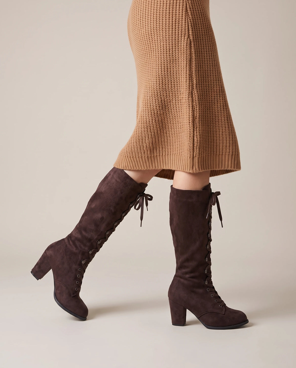 Women's Faux Suede Lace-Up Knee-High Boots - Kalypso - Model Side Detail