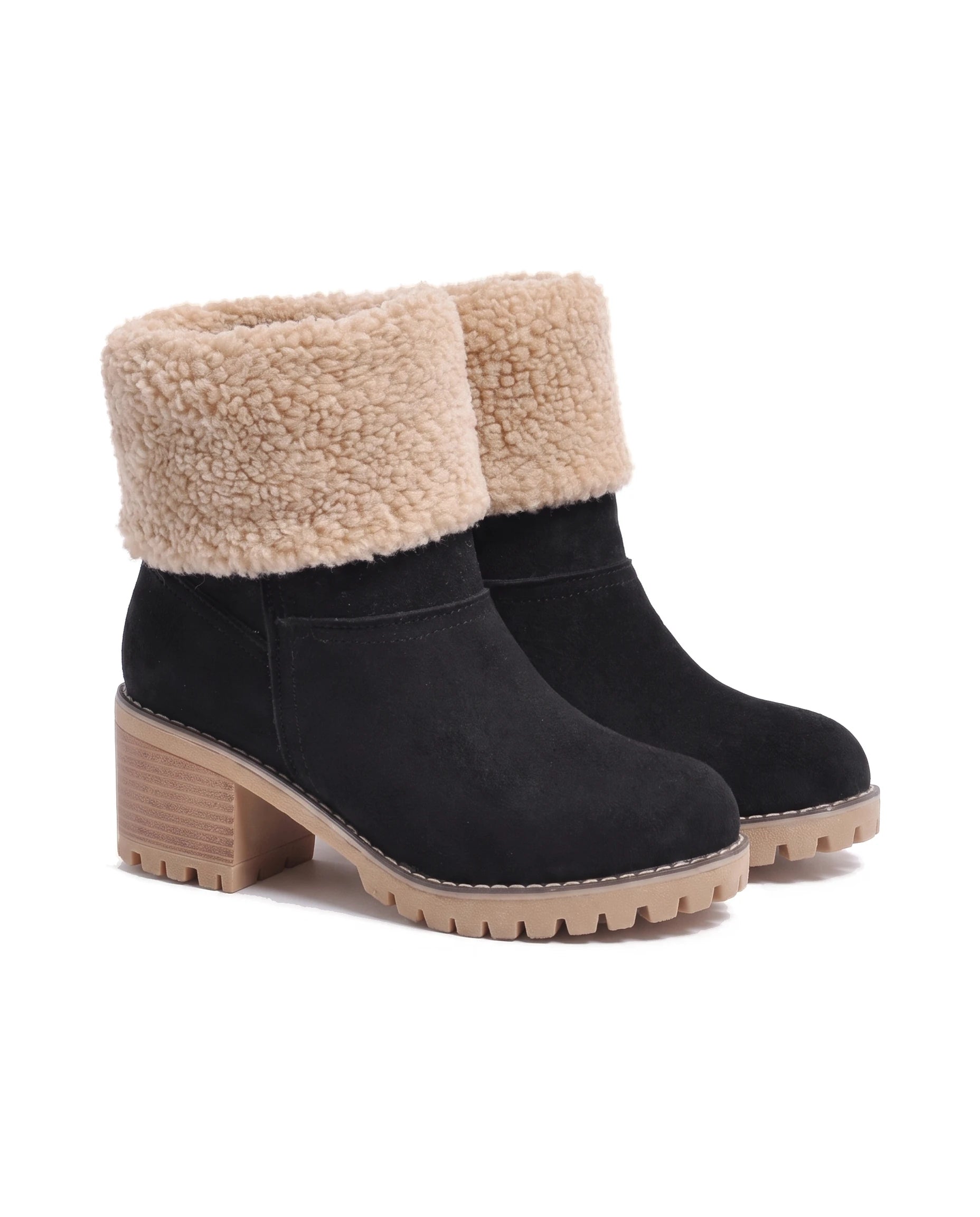 Women's Faux Suede Sherpa-Cuff Ankle Boots - Sabina - Black