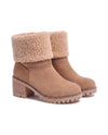 Women's Faux Suede Sherpa-Cuff Ankle Boots - Sabina - Camel