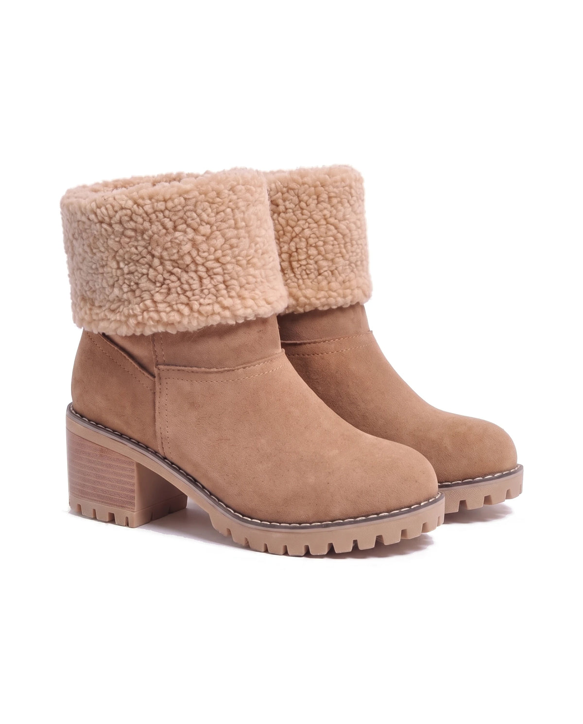 Women's Faux Suede Sherpa-Cuff Ankle Boots - Sabina - Camel
