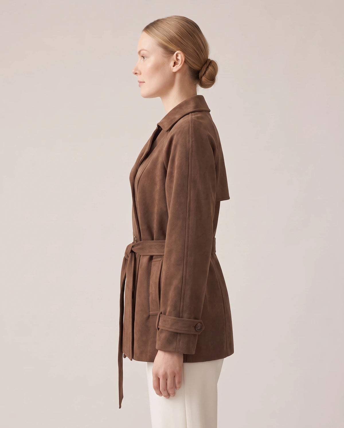 Women's Faux Suede Short Trench Coat - Ashlyn - Model Side View