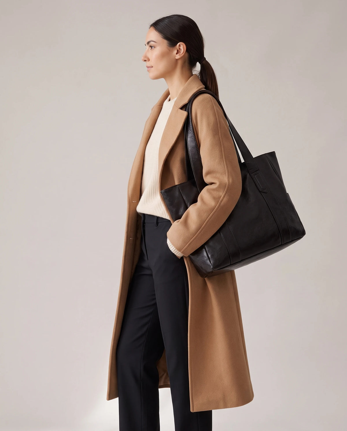 Women's Large Faux Leather Tote - Margaux - Model Side