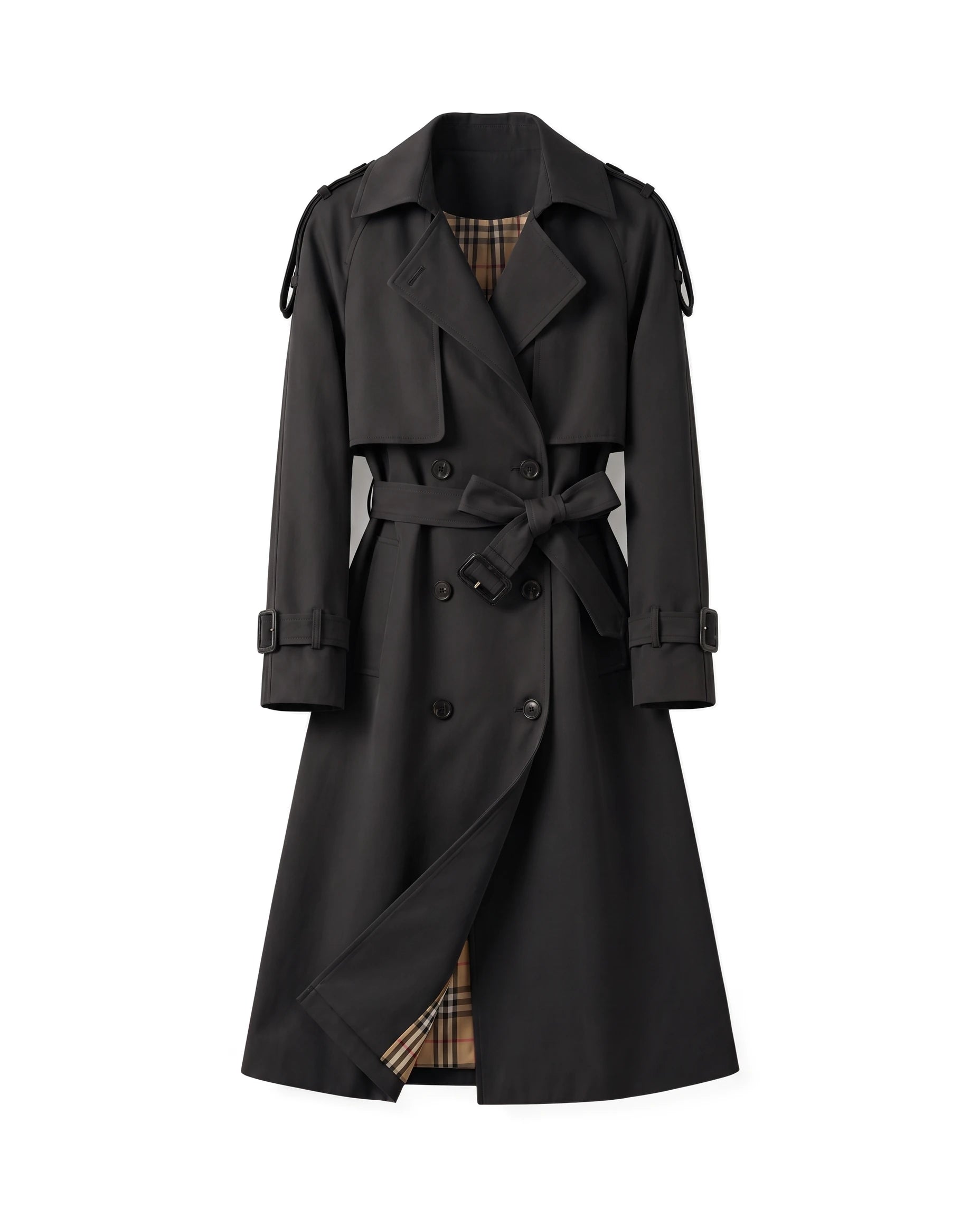 Women's Long Double-Breasted Belted Trench Coat - Francesca - Black