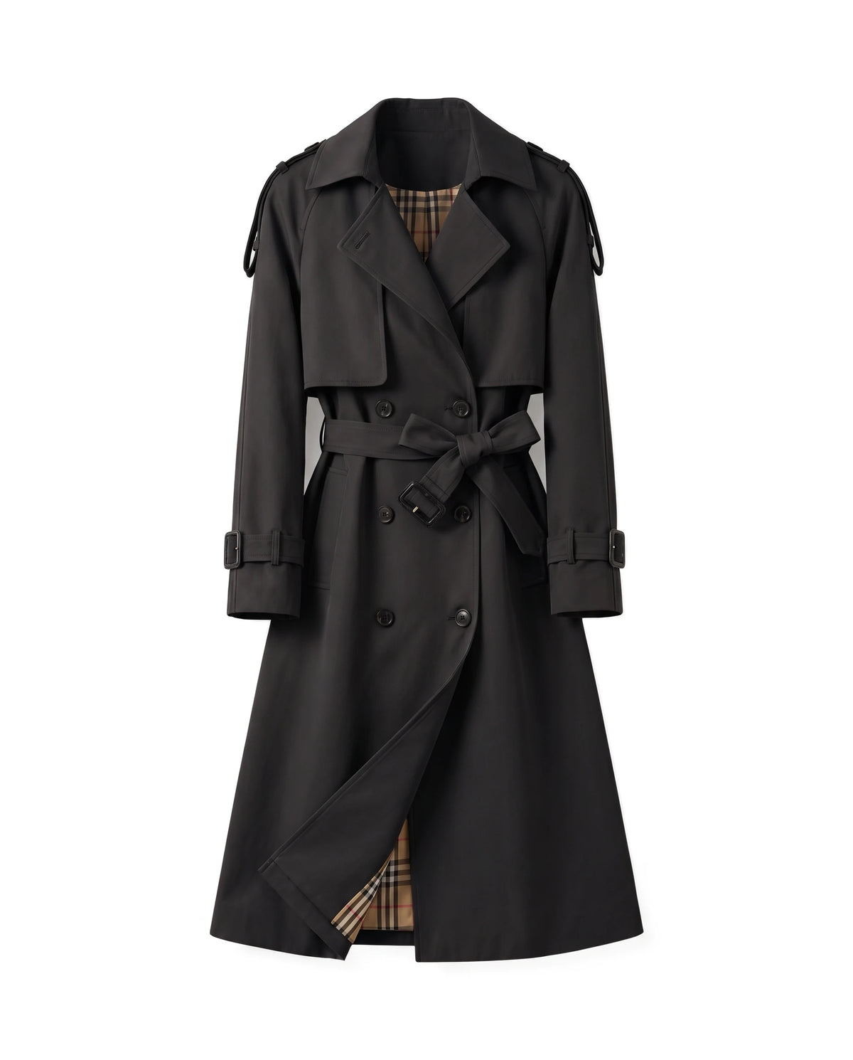 Women's Long Double-Breasted Belted Trench Coat - Francesca - Black