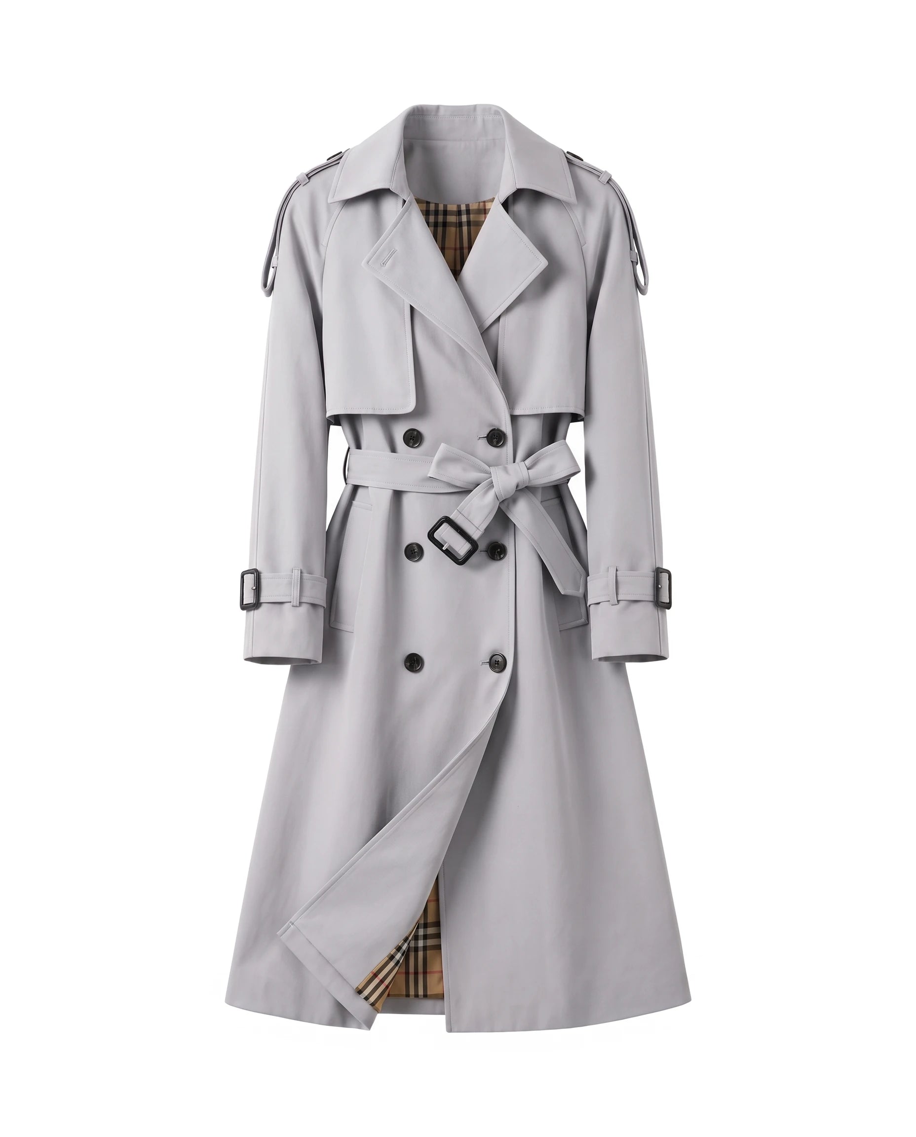 Women's Long Double-Breasted Belted Trench Coat - Francesca - Light Gray