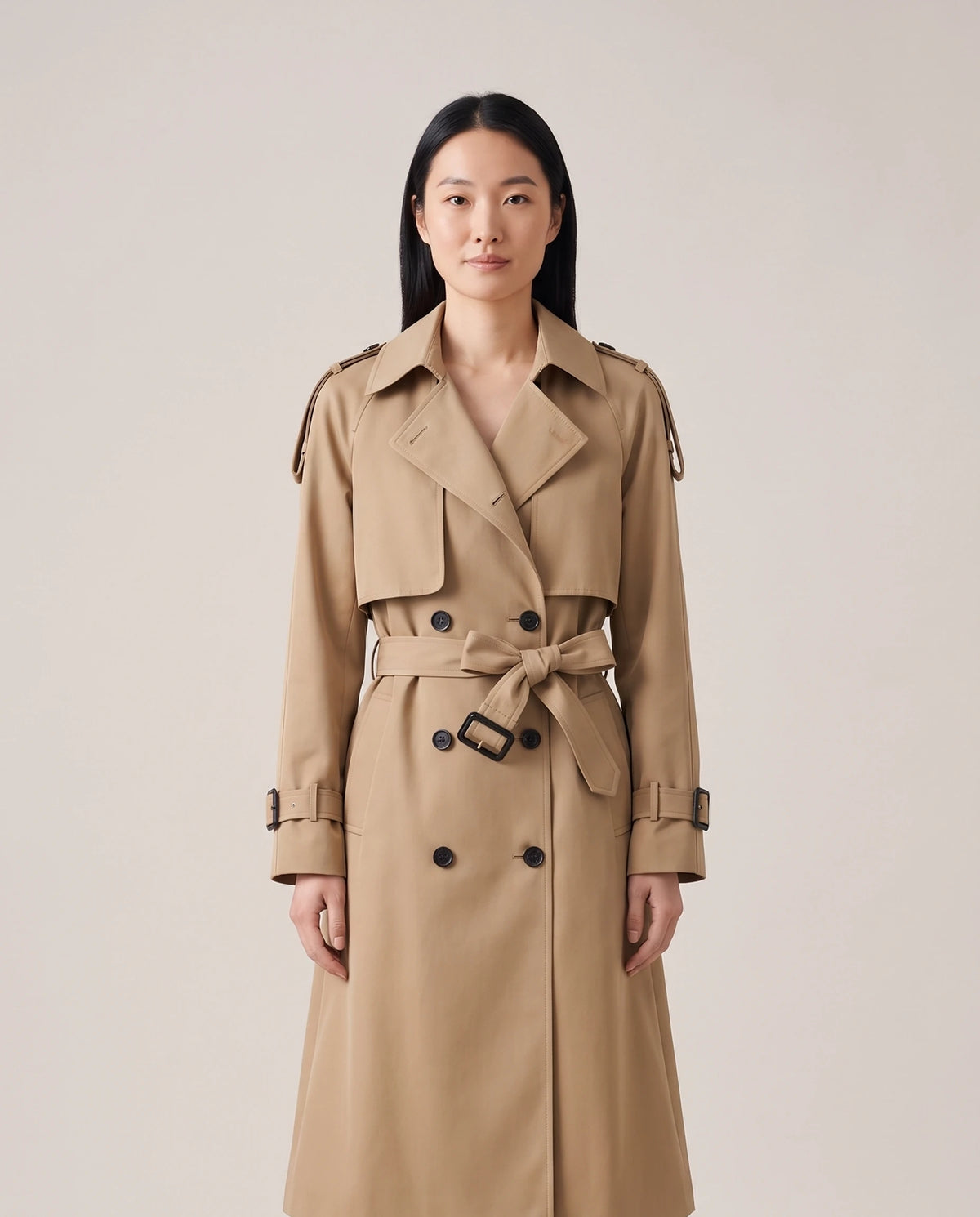 Women's Long Double-Breasted Belted Trench Coat - Francesca - Model Front View