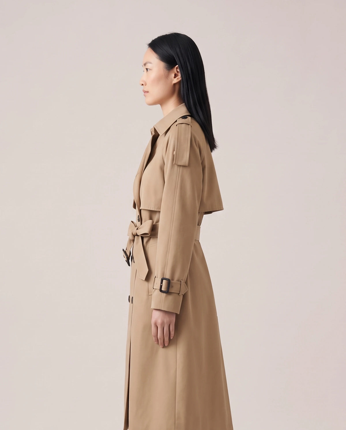 Women's Long Double-Breasted Belted Trench Coat - Francesca - Model Side View