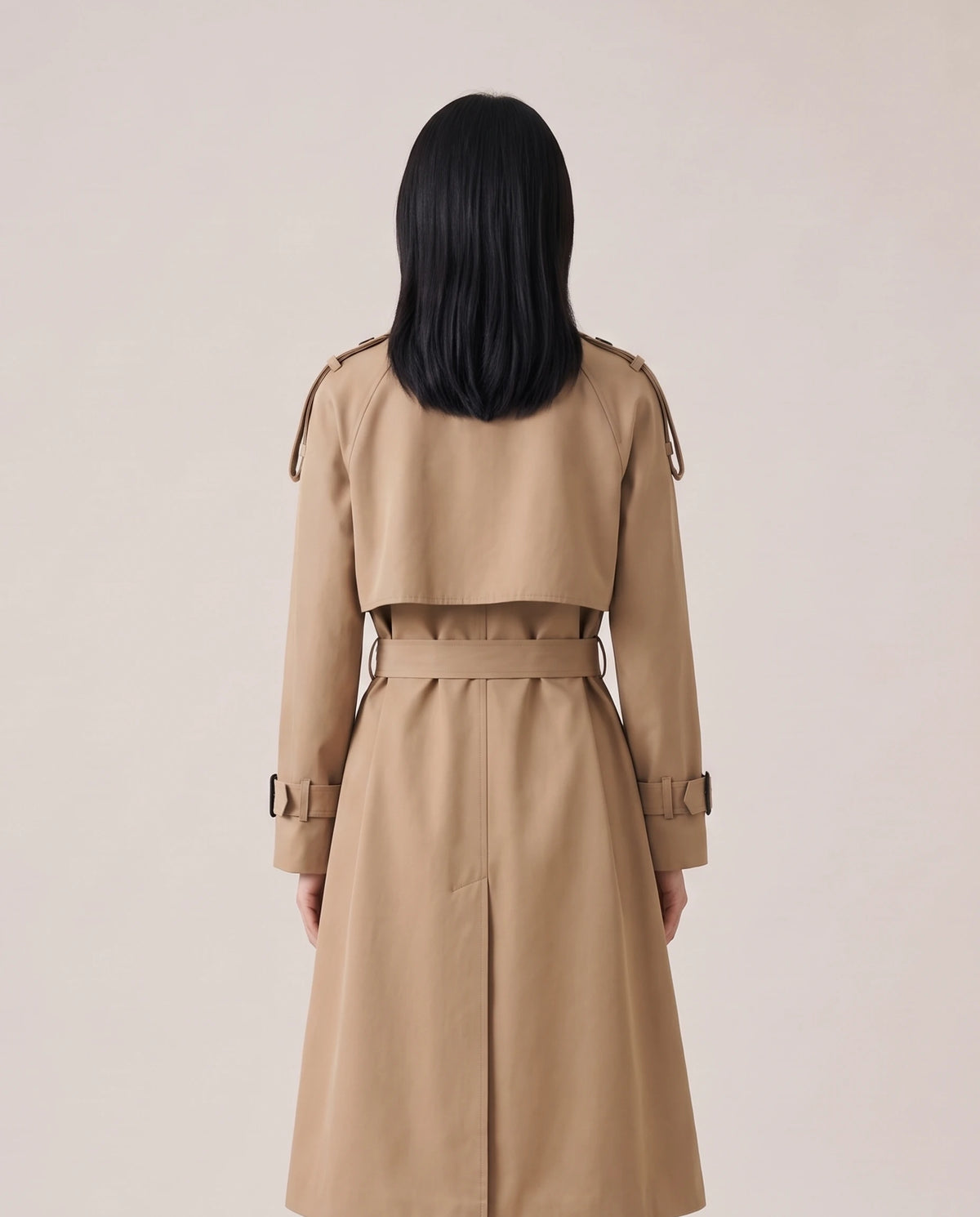 Women's Long Double-Breasted Belted Trench Coat - Francesca - Model Back View