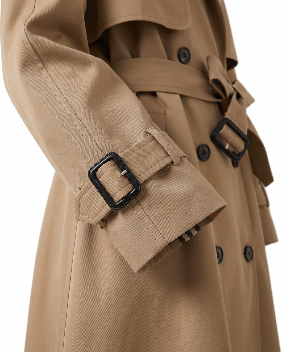 Women's Long Double-Breasted Belted Trench Coat - Francesca - Detail Cuff Strap