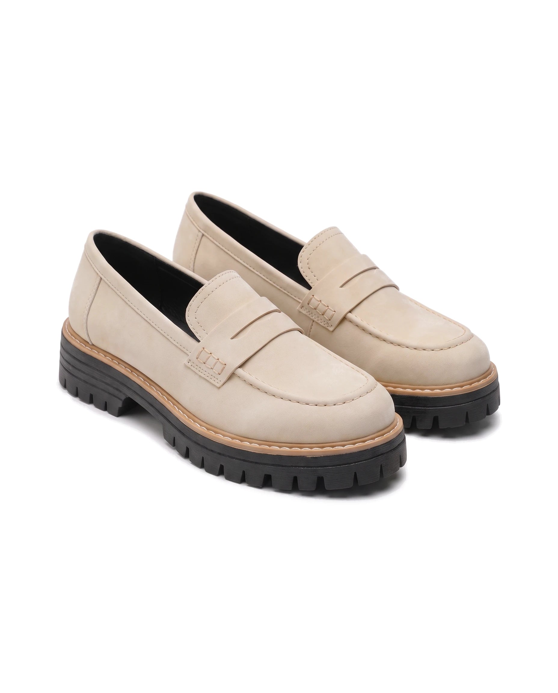 Women's Lug-Sole Penny Loafers - Jutta - Cream