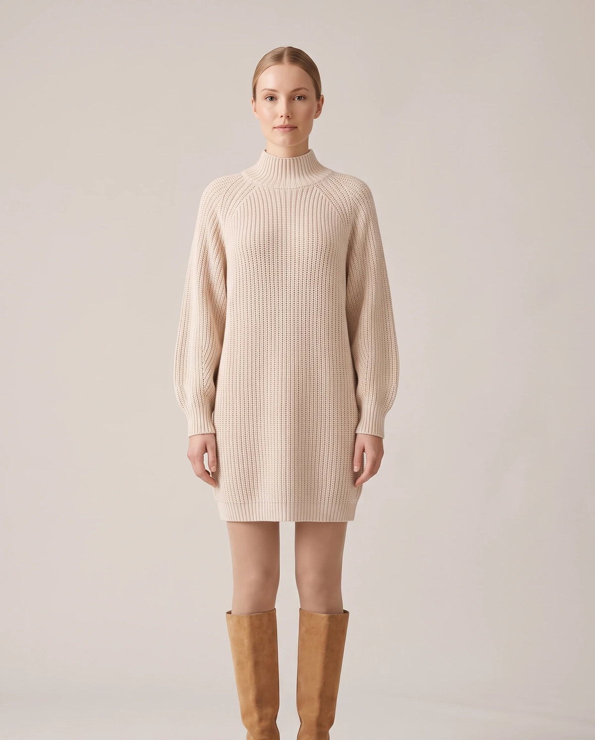 Women's Rib-Knit Raglan Sweater Dress - Claudia - Model Front