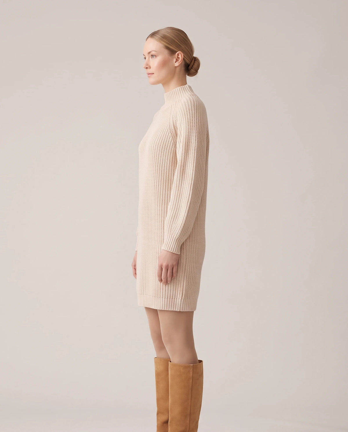 Women's Rib-Knit Raglan Sweater Dress - Claudia - Model Side