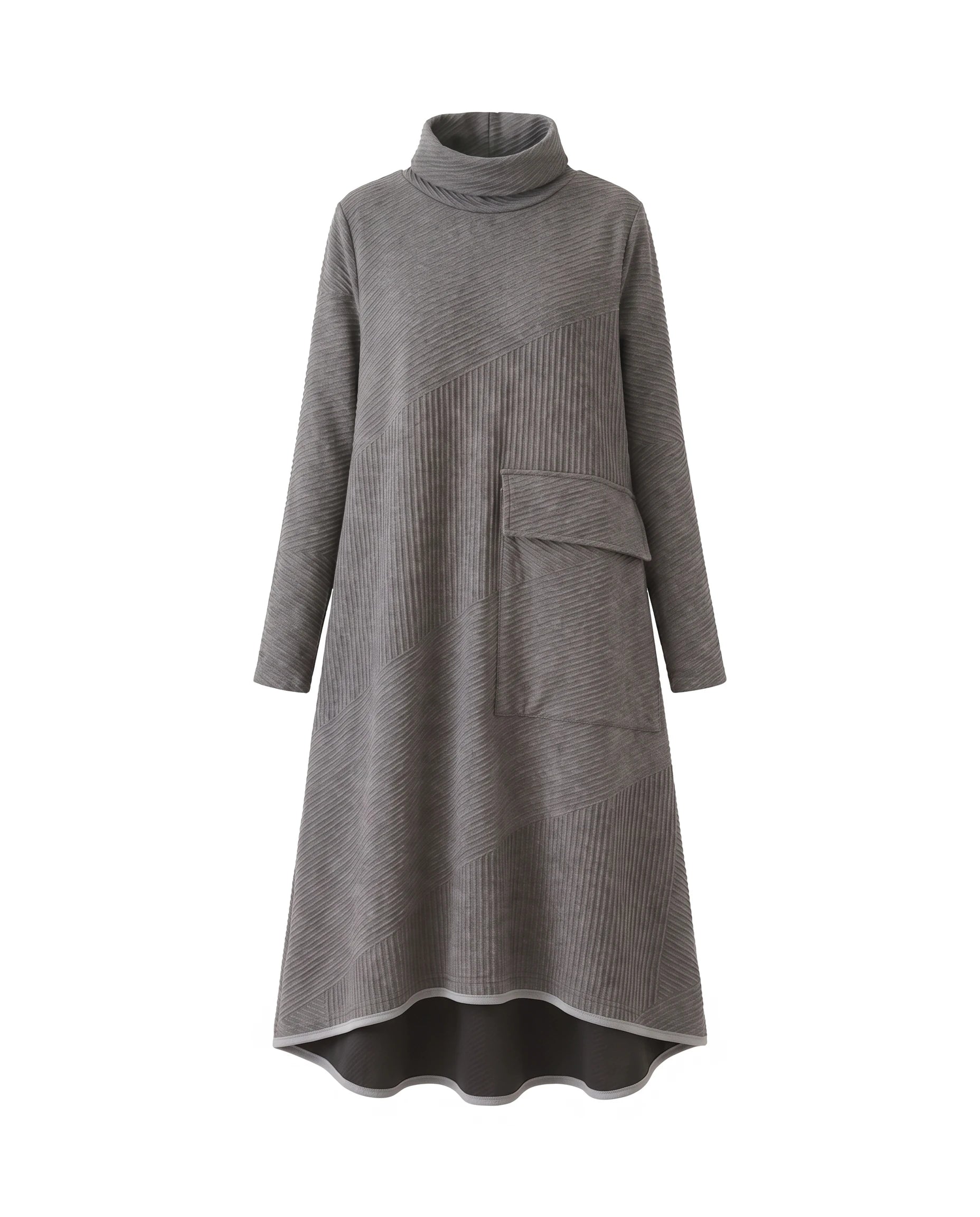 Women's Ribbed Turtleneck A-Line Maxi Dress - Thalia - Gray