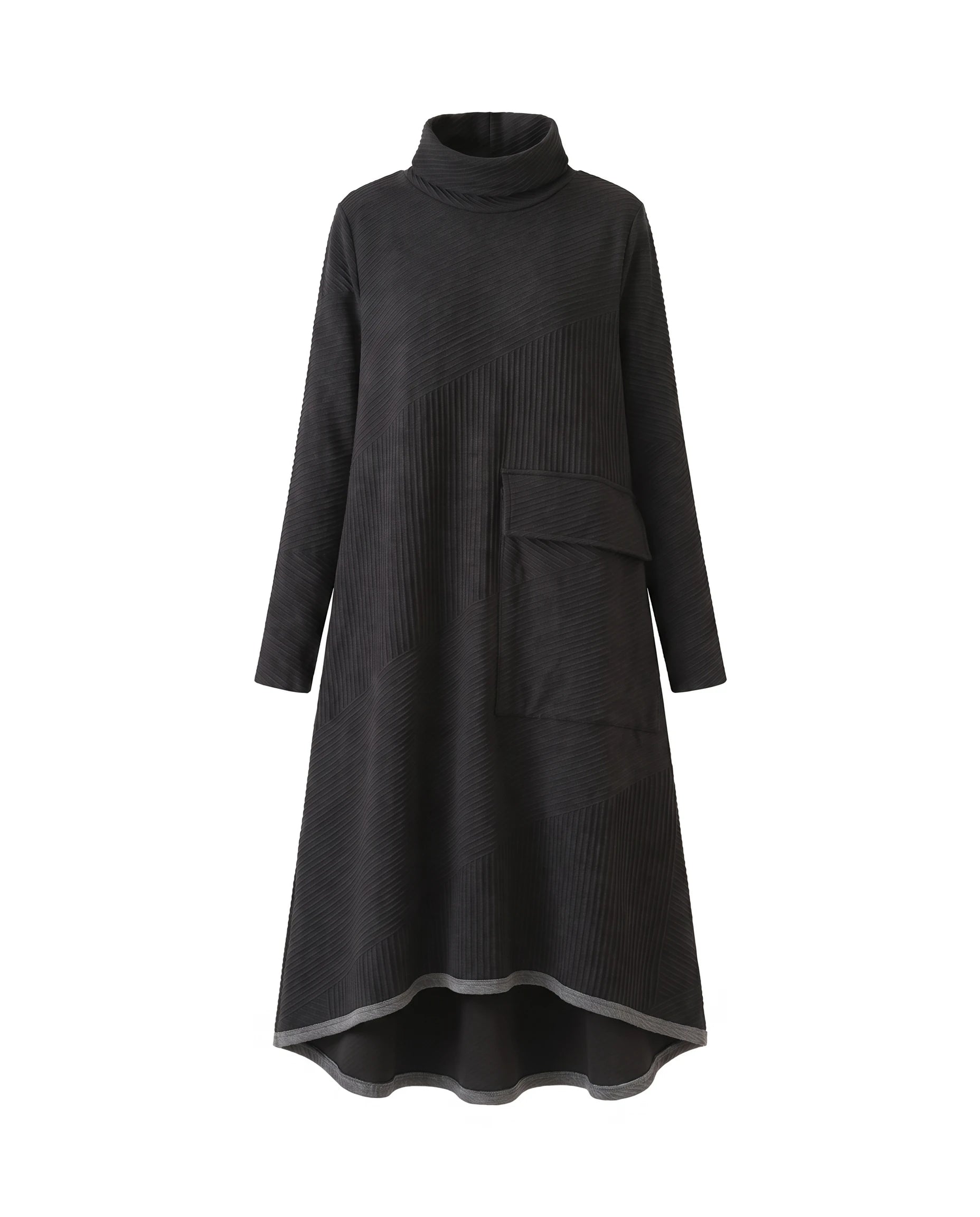 Women's Ribbed Turtleneck A-Line Maxi Dress - Thalia - Black