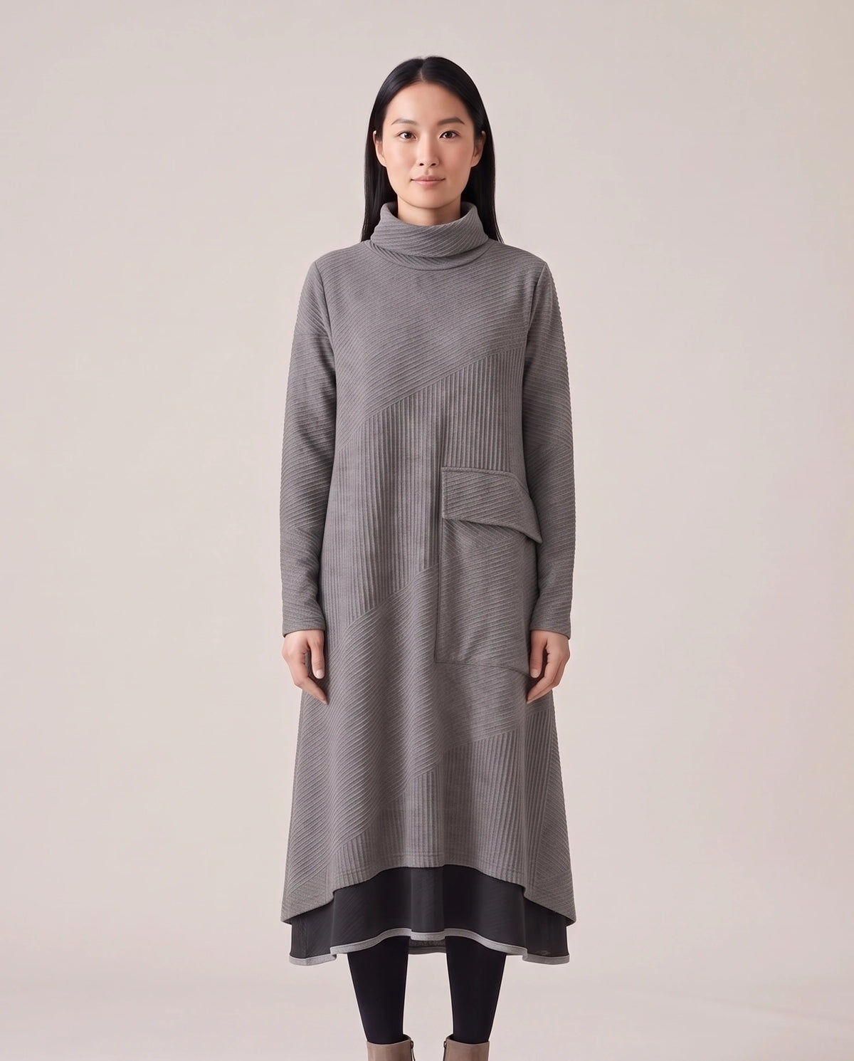 Women's Ribbed Turtleneck A-Line Maxi Dress - Thalia - Model Front