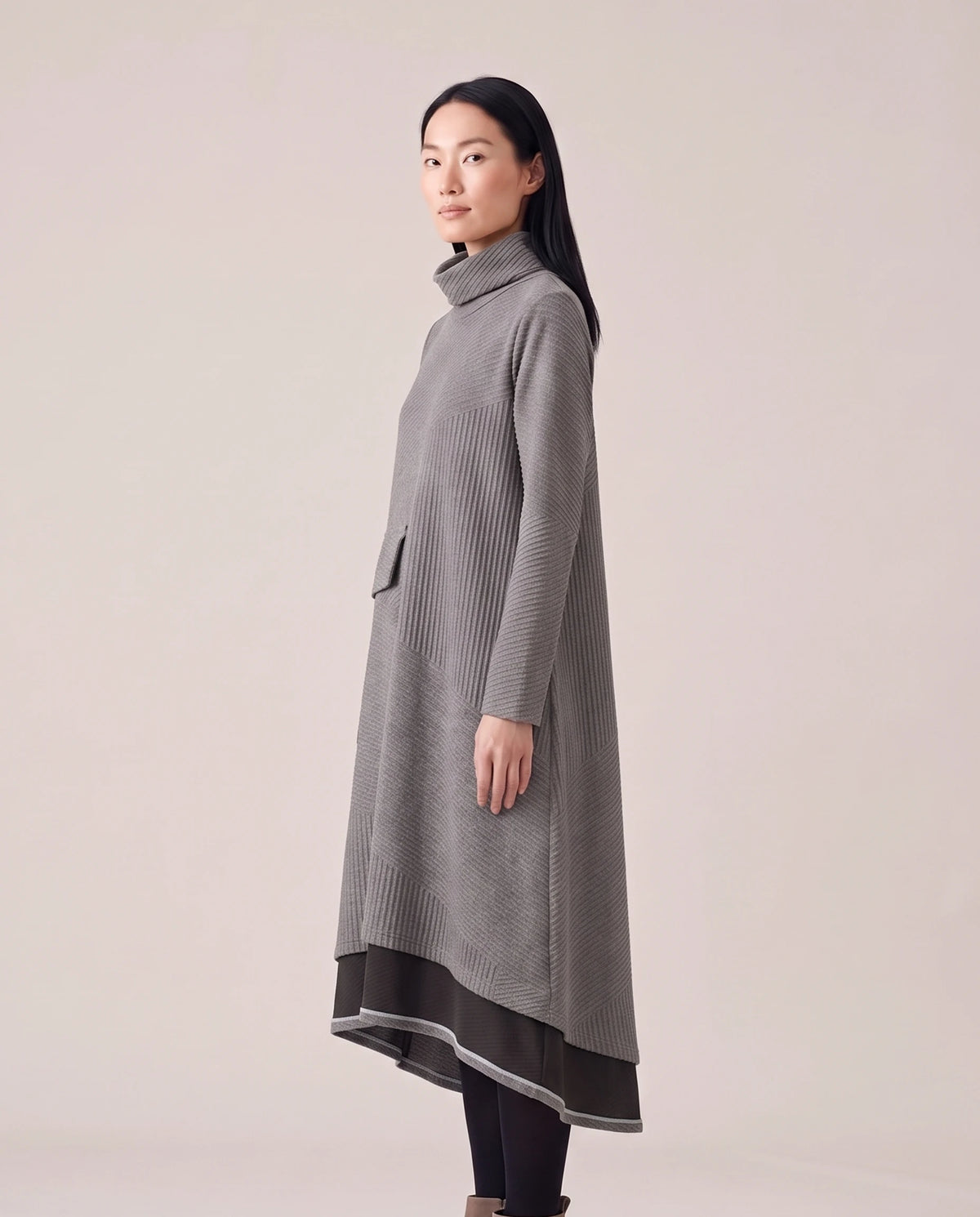 Women's Ribbed Turtleneck A-Line Maxi Dress - Thalia - Model Side