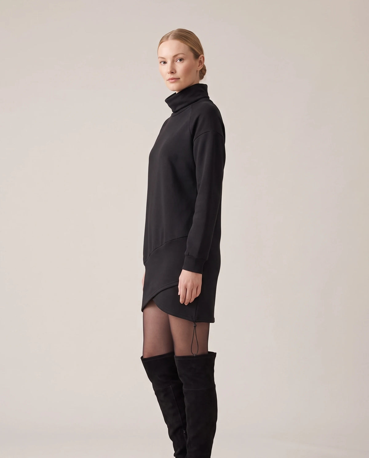 Women's Wrap-Hem Turtleneck Fleece Dress - Cornelia - Model Side