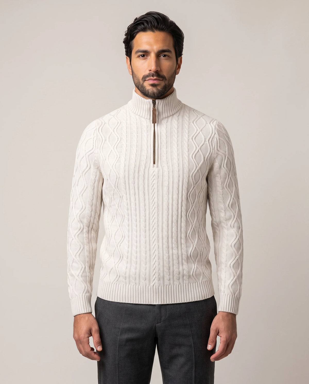 Men's Cable-Knit Quarter-Zip Sweater - Zermatt - Model Front View