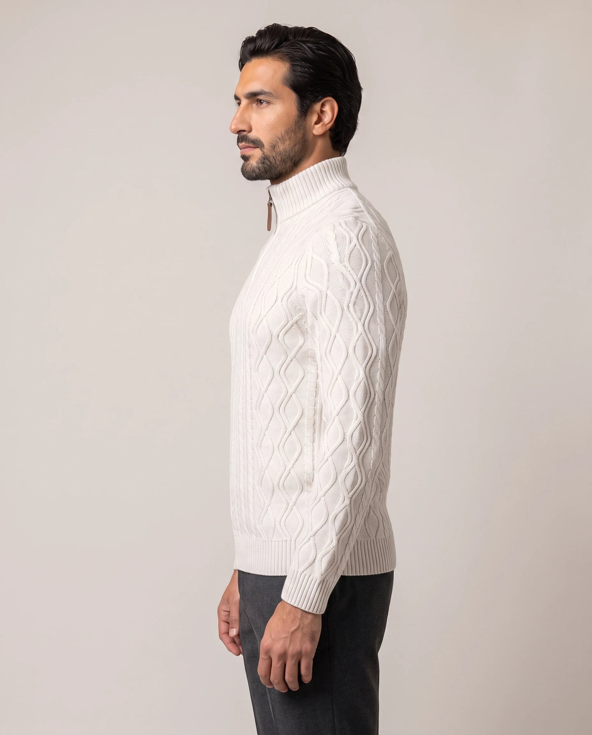 Men's Cable-Knit Quarter-Zip Sweater - Zermatt - Model Side View