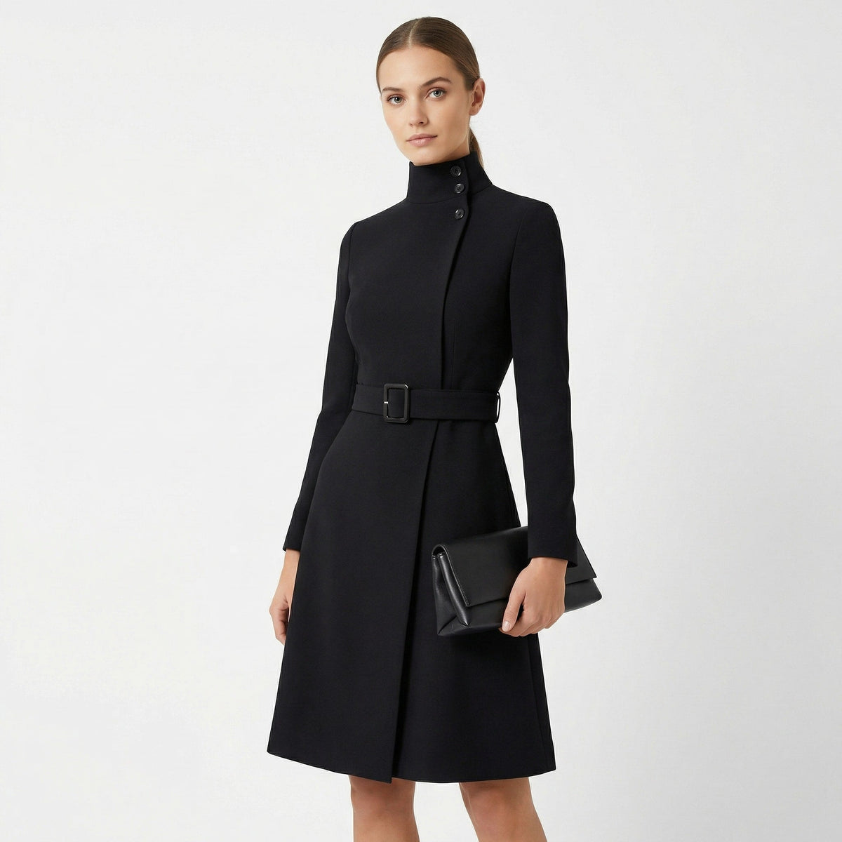 Women's Belted High-Neck Midi Dress - Purisima