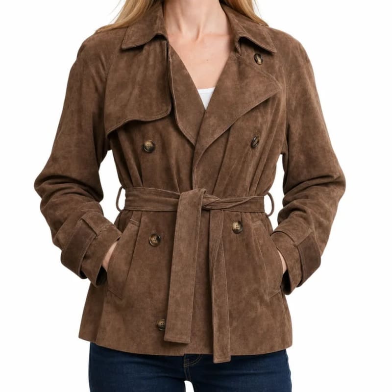 Women's Faux Suede Cropped Trench Coat - Ashlyn